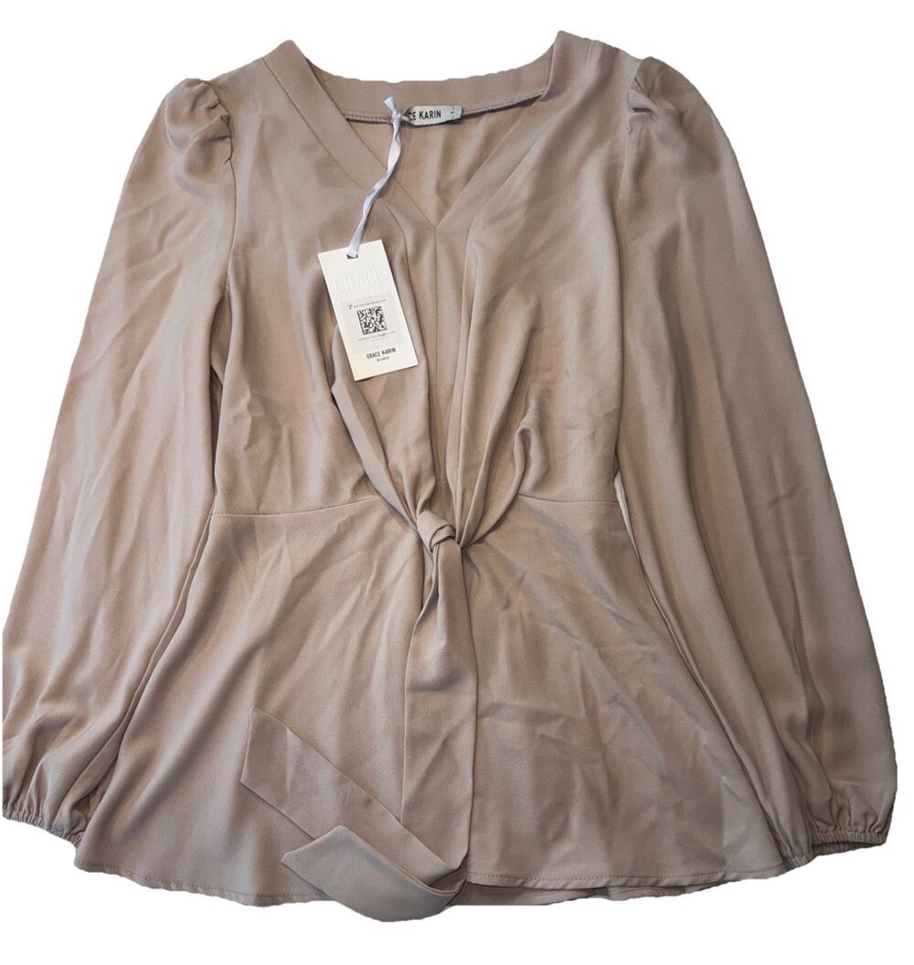 Grace Karin Small Taupe Knot Front Blouse Long Sleeve V Neck NWT